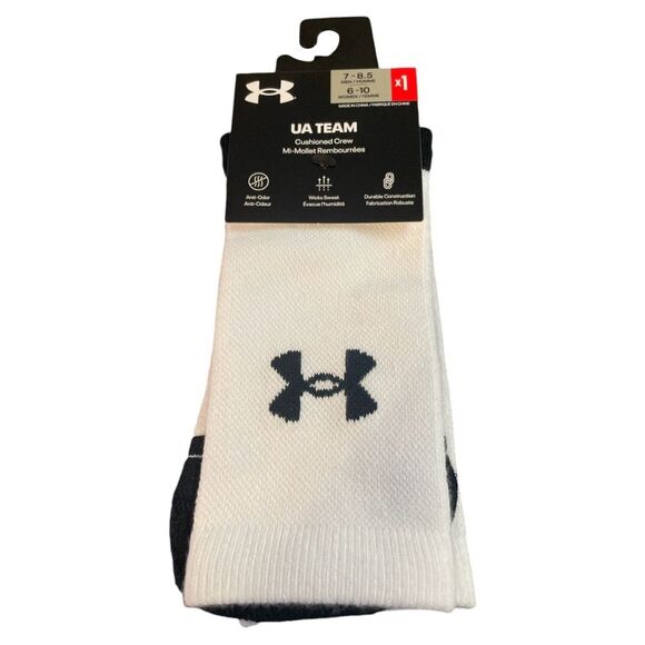 Under Armour Adult Team Crew Socks, 1-Pair, White/Black/Black, Medium new - Picture 1 of 3